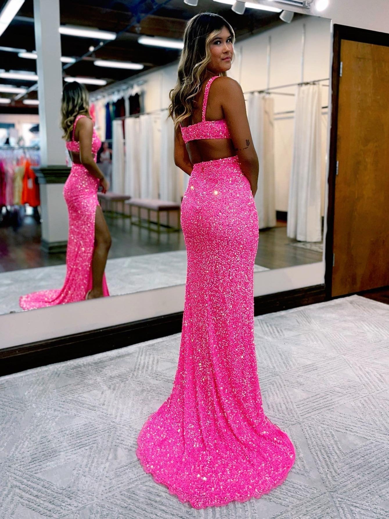 Glitter Mermaid Pink Unique Bodycon Long Prom Dress with Sequins