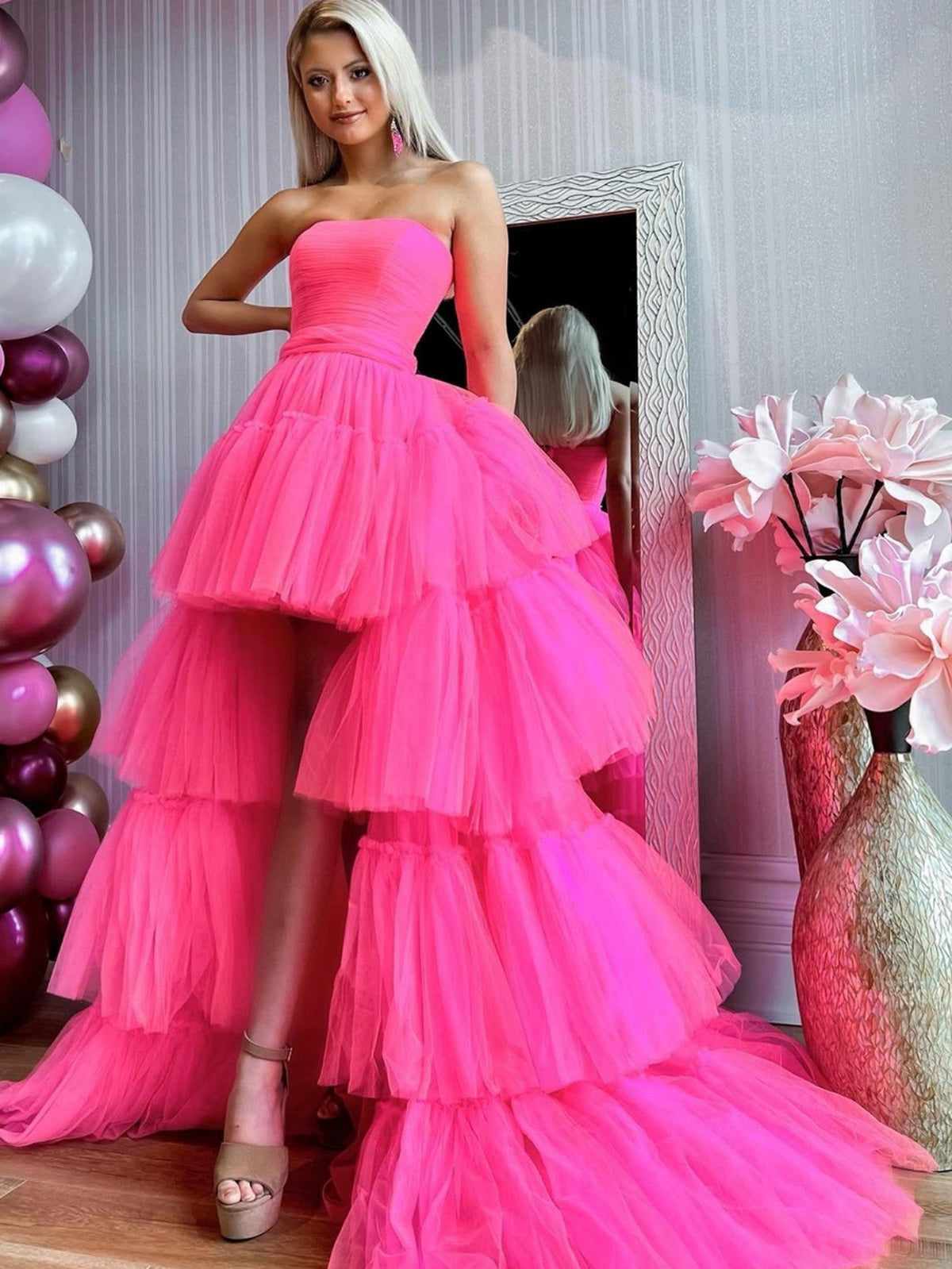 Pink A-Line Strapless Tiered Long Prom Dress