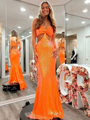 Memaid Sparkly Orange Unique Cut Out Long Prom Dress