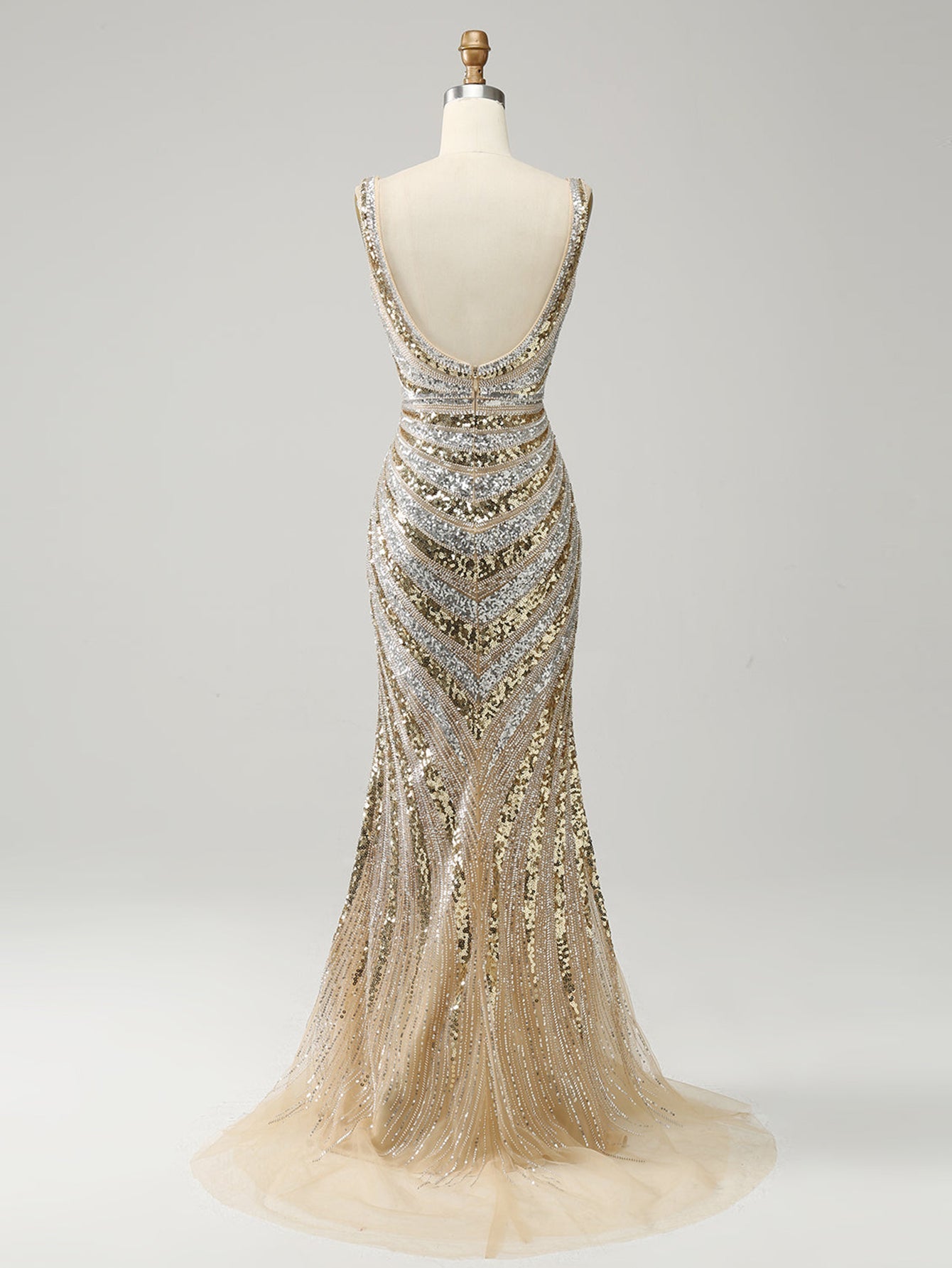 Sleeveless V Neck Stripes Golden Deep Long Prom Dress with Slit