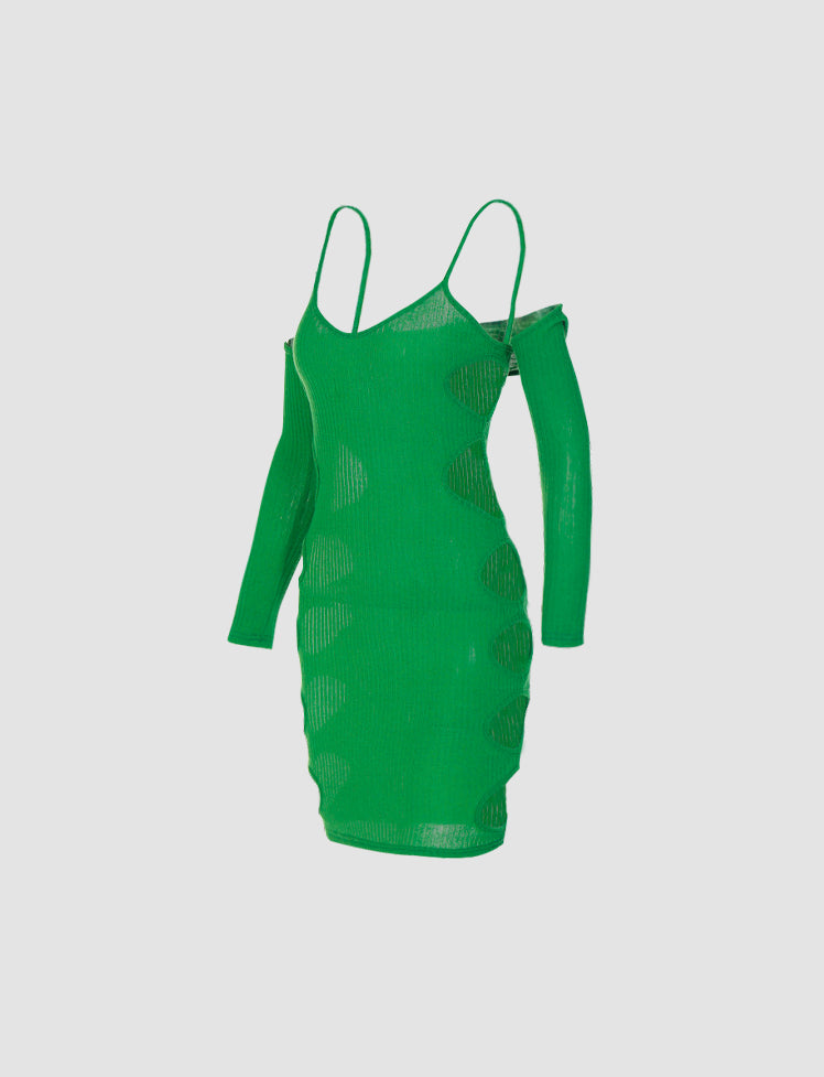 Green Side Cutout Long Sleeve Vest Cami Dress