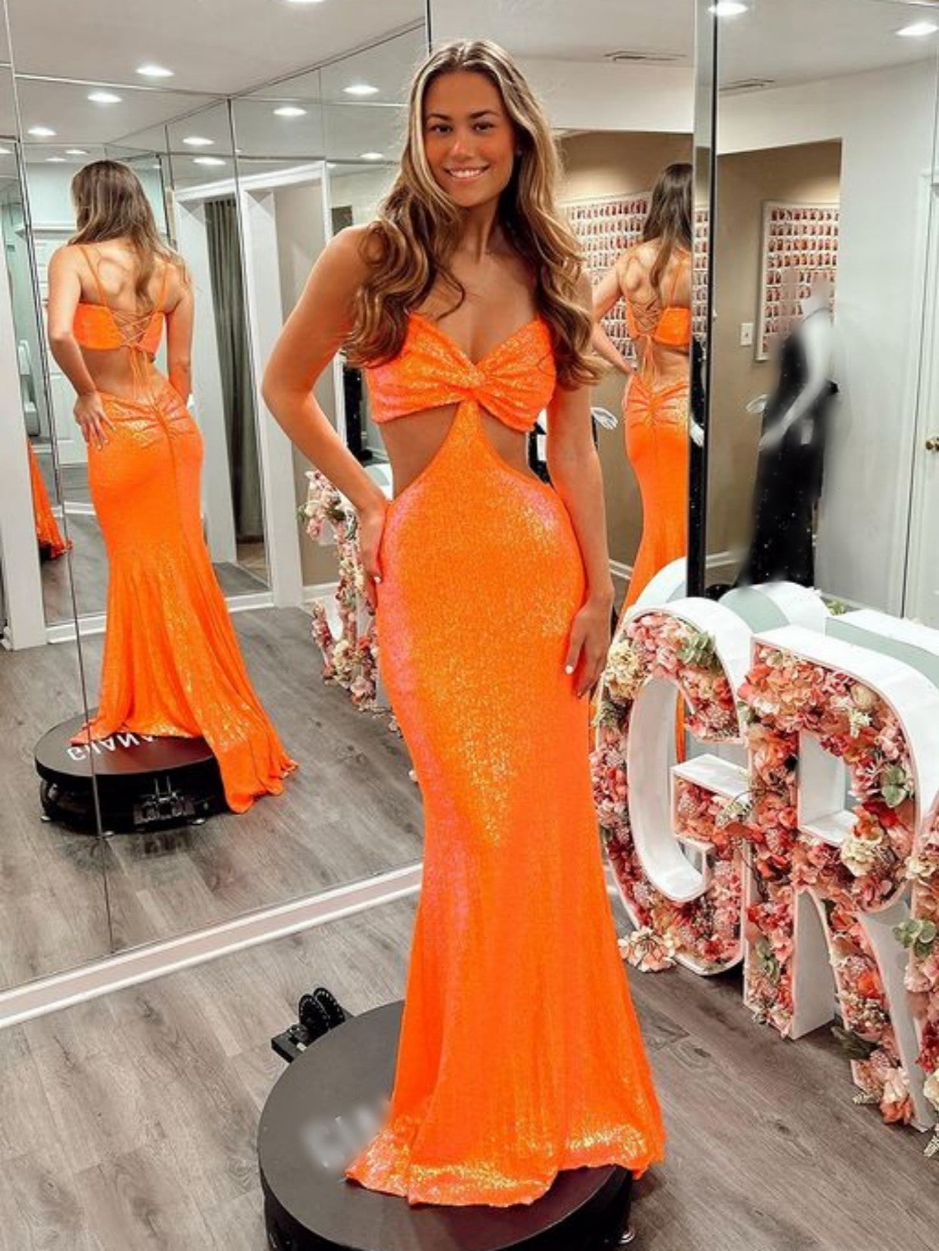 Memaid Sparkly Orange Unique Cut Out Long Prom Dress