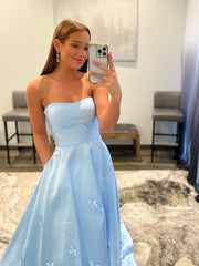 Strapless A-Line Light Blue Long Prom Dress With Flower