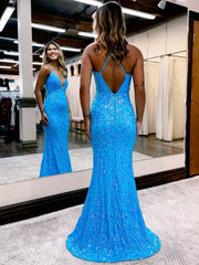 Light Blue V Neck Glitter Backless Mermaid Long Prom Dress