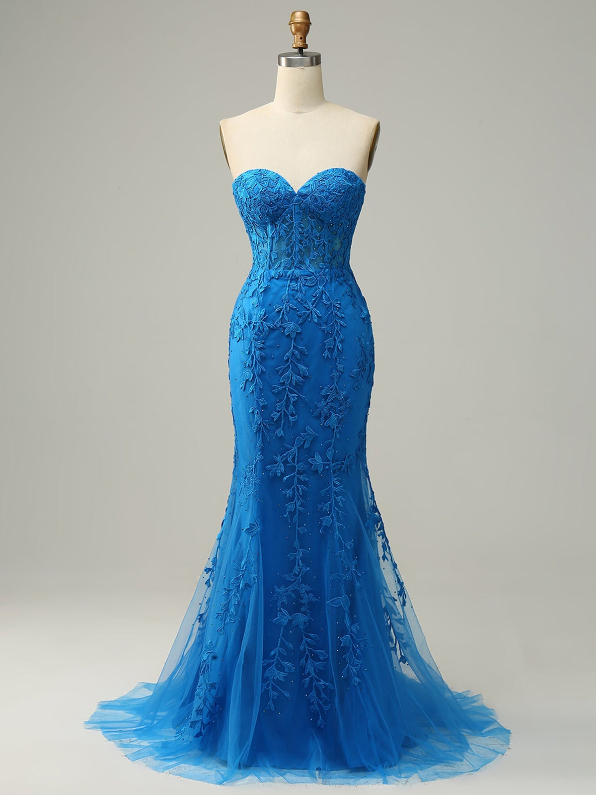 Floral Royal Blue Lace Long Prom Dress