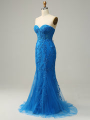 Floral Royal Blue Lace Long Prom Dress