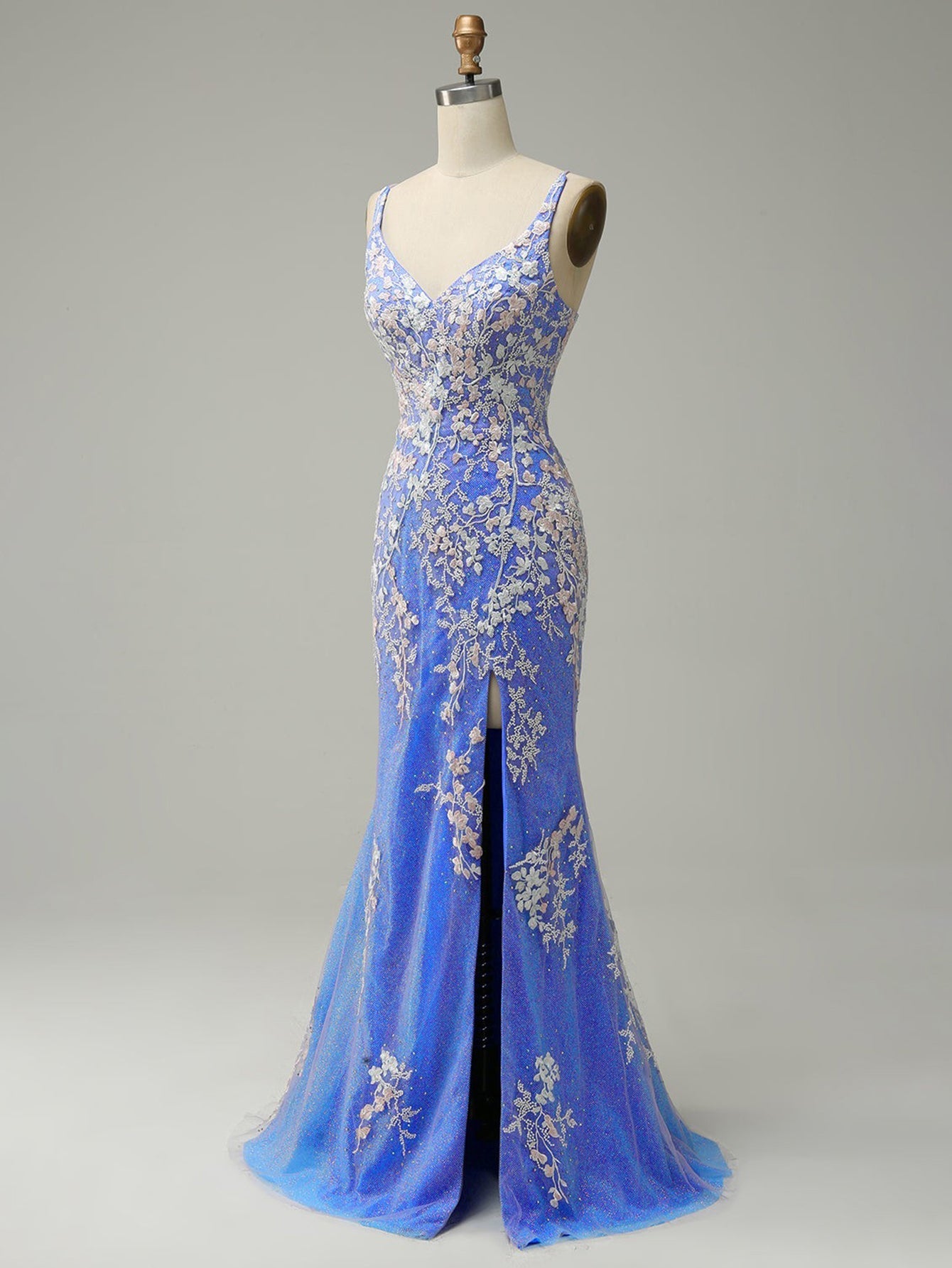 Blue Floral V Neck Long Prom Dress With Slit