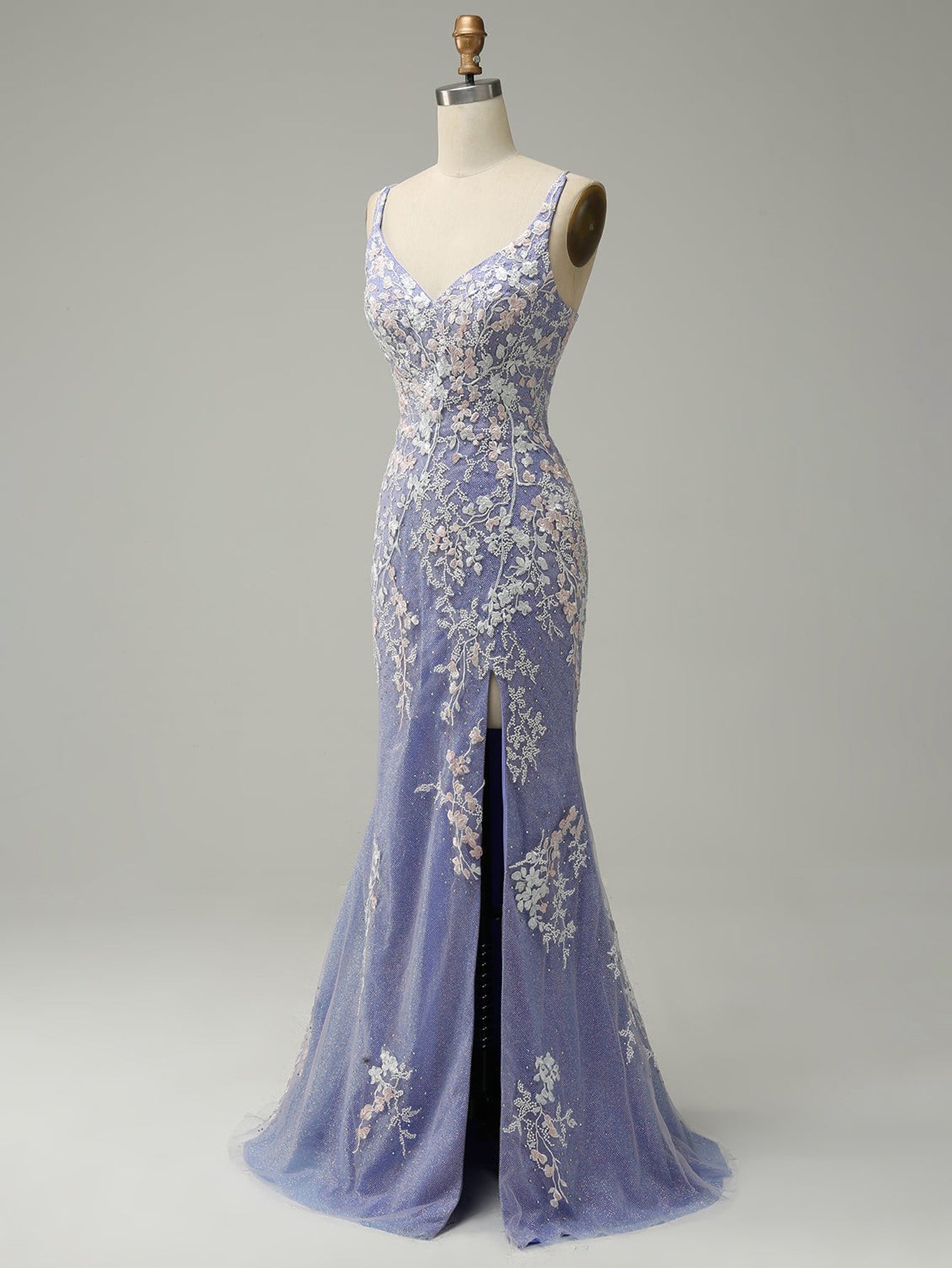 Blue Floral V Neck Long Prom Dress With Slit