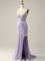 Lilac Sparkly Mermaid V Neck Long Prom Dress