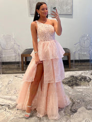 A Line Pink One-Shoulder Floral Tulle Long Prom Dress With Slit