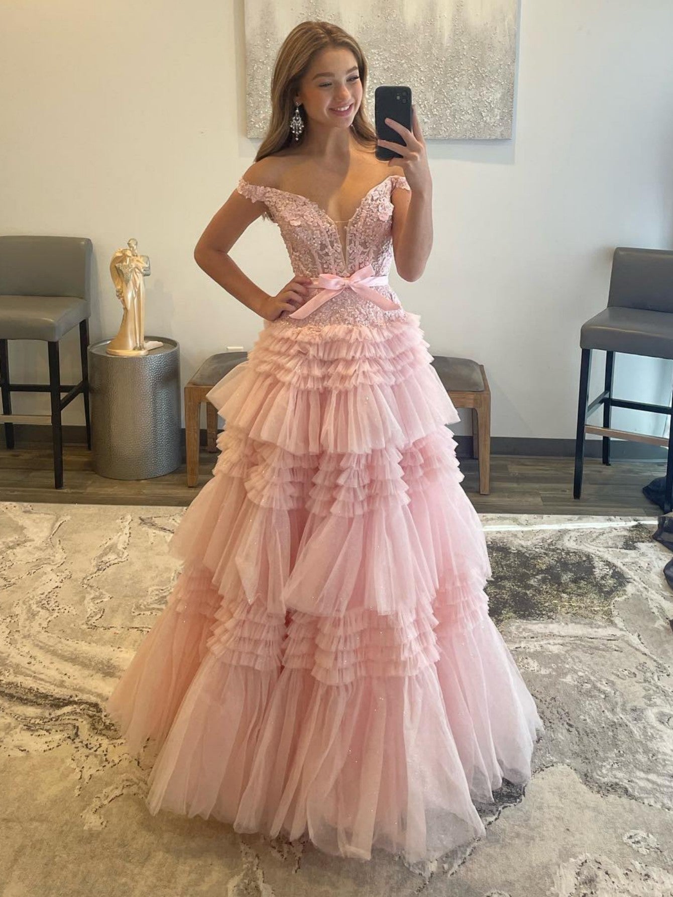 Pink A-Line Deep V Neck Lace Tiered Long Prom Dress