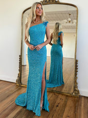 Mermaid One Shoulder Light Blue Glitter Long Prom Dress With Slit