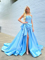 Light Blue Strapless Off The Shoulder Long Prom Dress With Slit