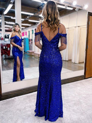 Glitter Mermaid Royal Blue Long Prom Dress With Slit