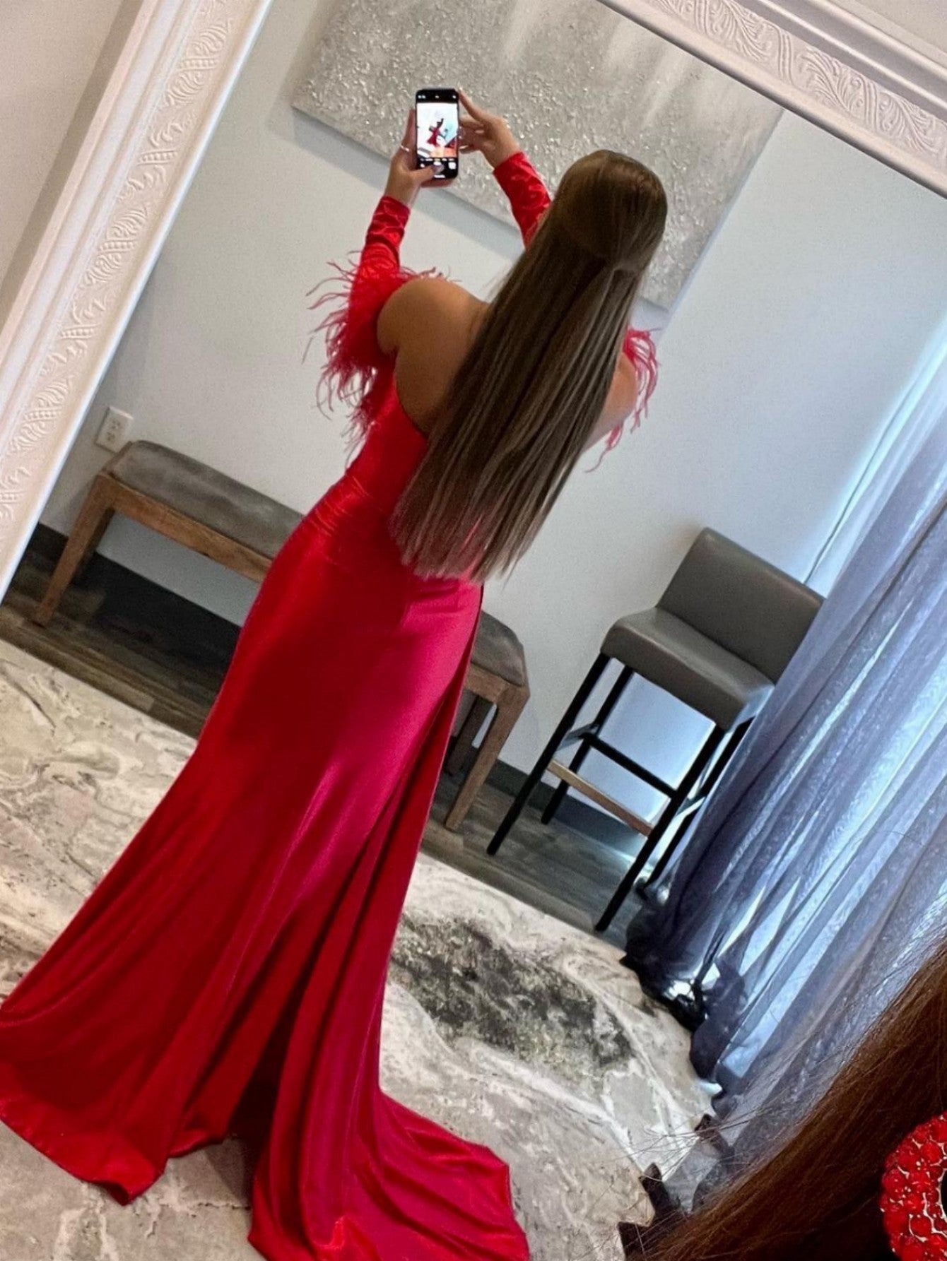 Dark Red Strapless Long Prom Dress with Feathers