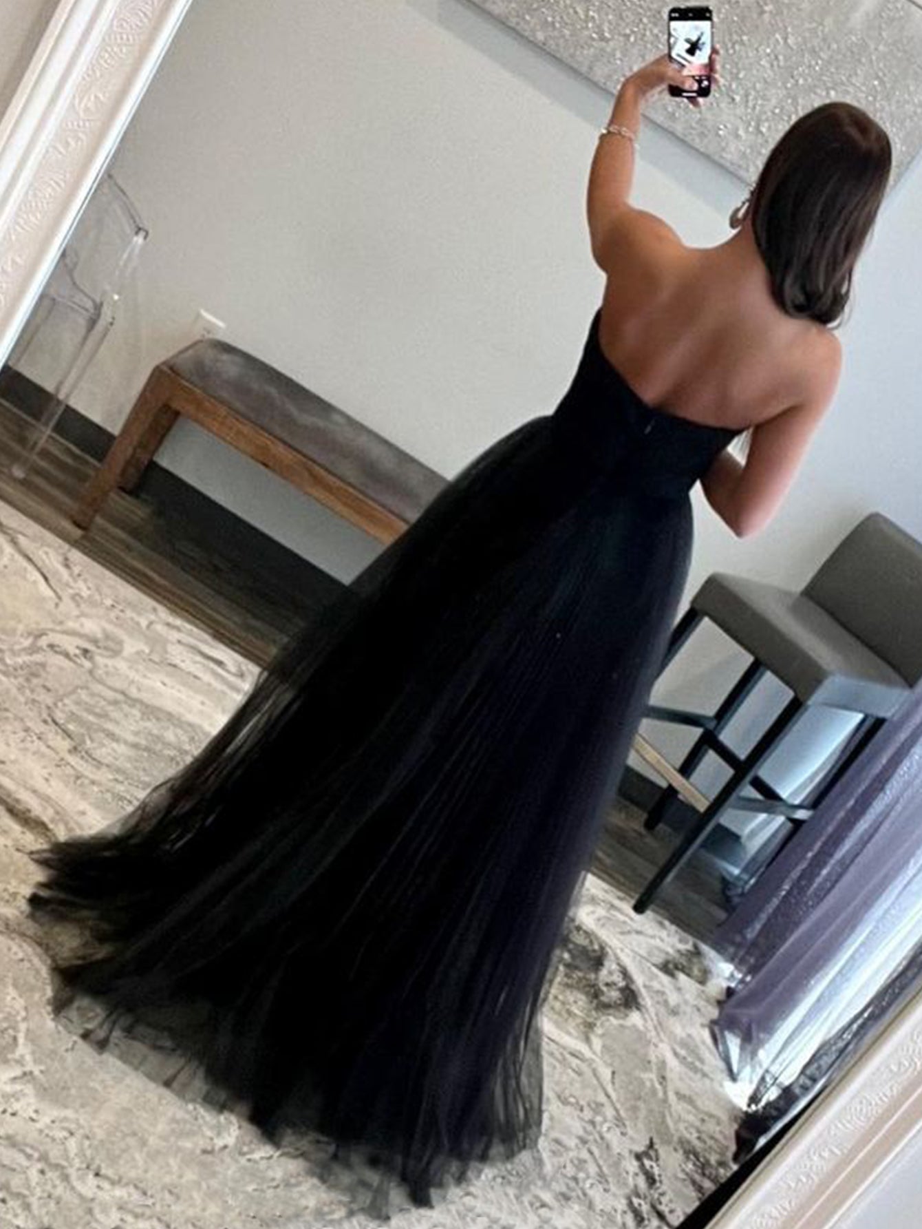 V Neck A-Line Strapless Black Tulle Long Prom Dress