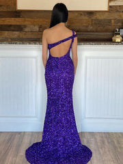 Glitter Mermaid One-Shoulder Purple Long Prom Dress with Sequins