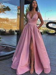 A Line Pink Long Prom Dress