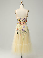 Champagne A Line V-Neck Midi Prom Dress With 3D Flowers