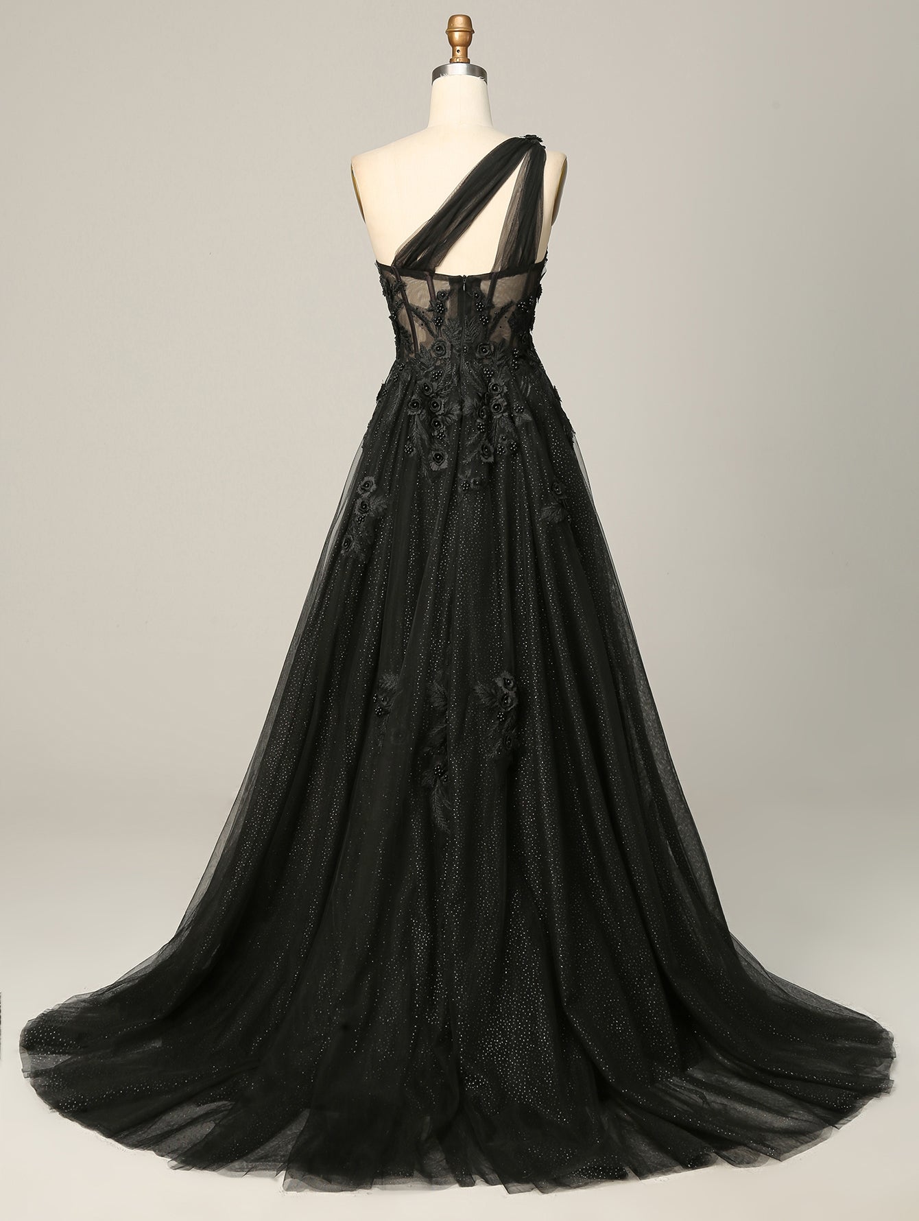 A Line Black One-Shoulder Floral Tulle Long Prom Dress
