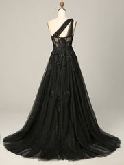 A Line Black One Shoulder Floral Tulle Long Prom Dress