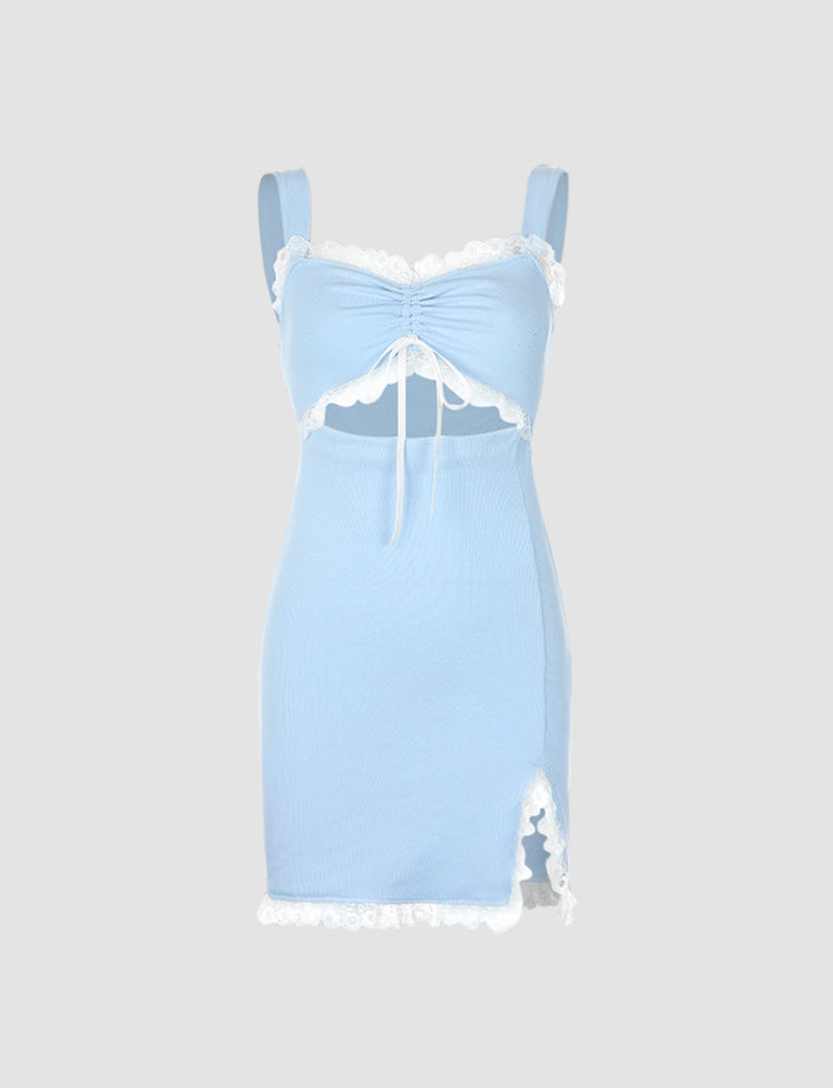 Blue Lace Trim Cutout Split Casual Short Cami Dress