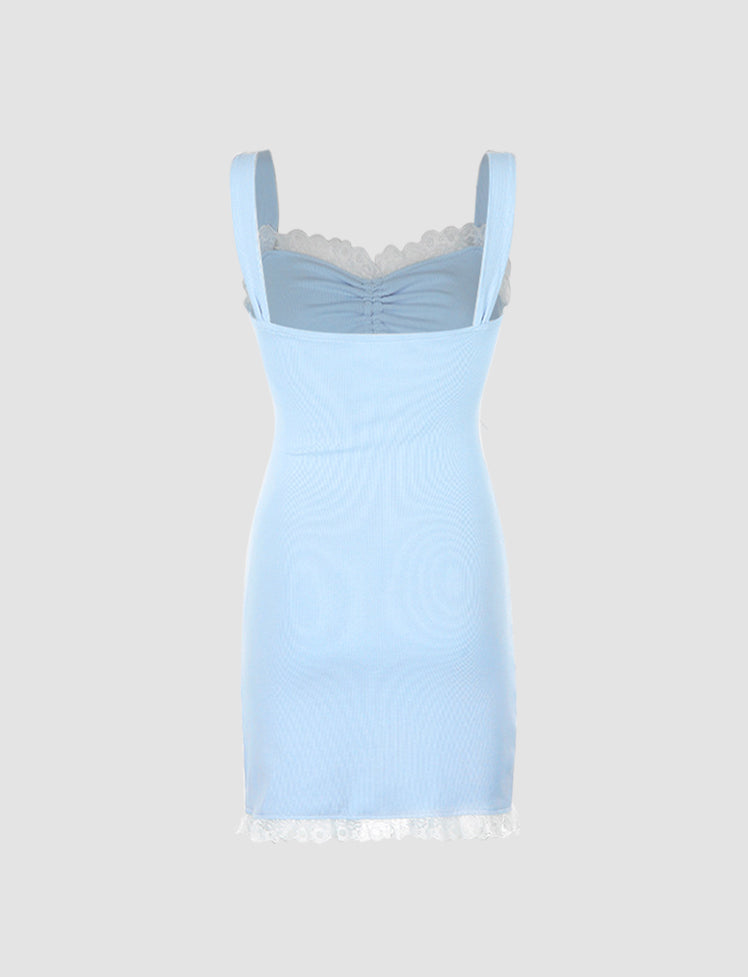 Blue Lace Trim Cutout Split Casual Short Cami Dress