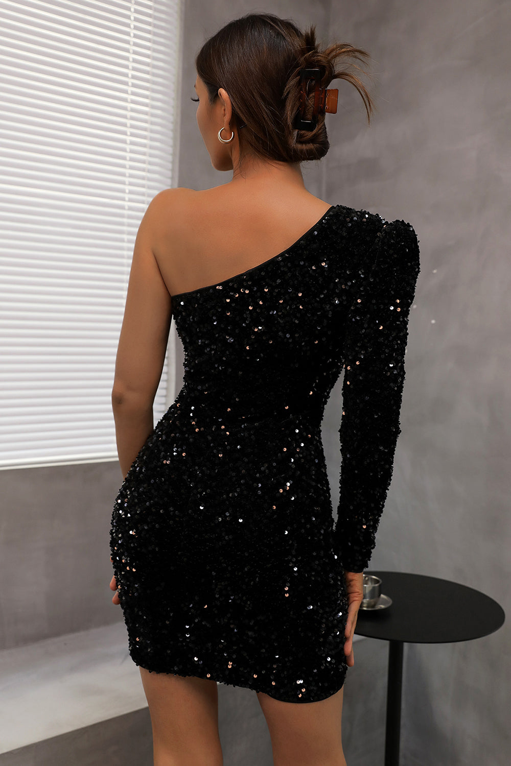 One Shoulder Sequin Little Black Dress