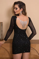 Sparkly Backless Little Black Dress with Long Sleeves