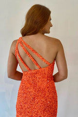 Sheath One Shoulder Orange Sequins Short Homecoming Dress