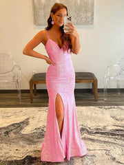 Glitter Mermaid V Neck Pink Bodycon Beading Long Prom Dress