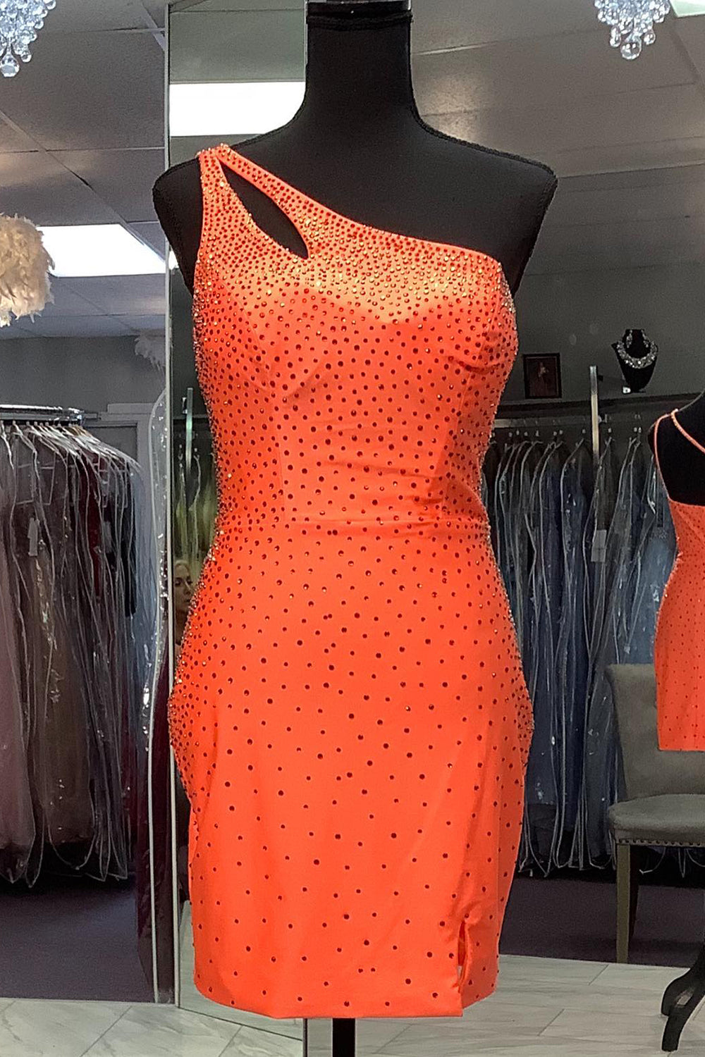 Glitter Orange One Shoulder Sequins Tight Short Homecoming Dress