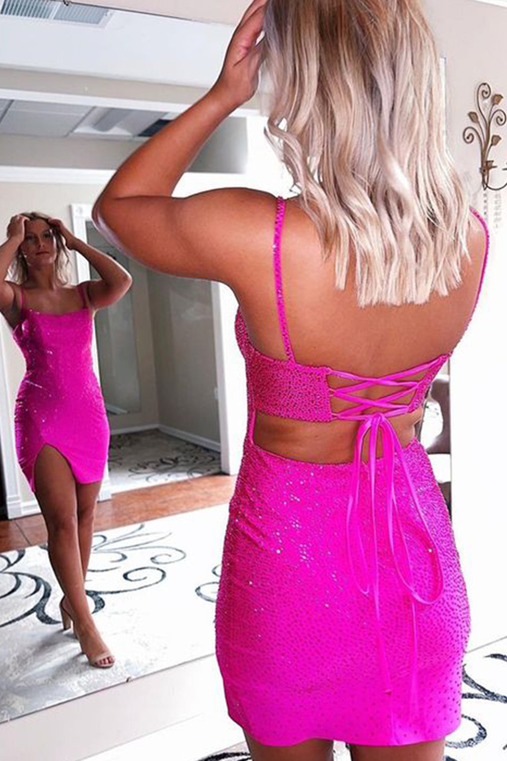 Sparkly Lace-Up Back Sequins Fuchsia Tight Short Homecoming Dress