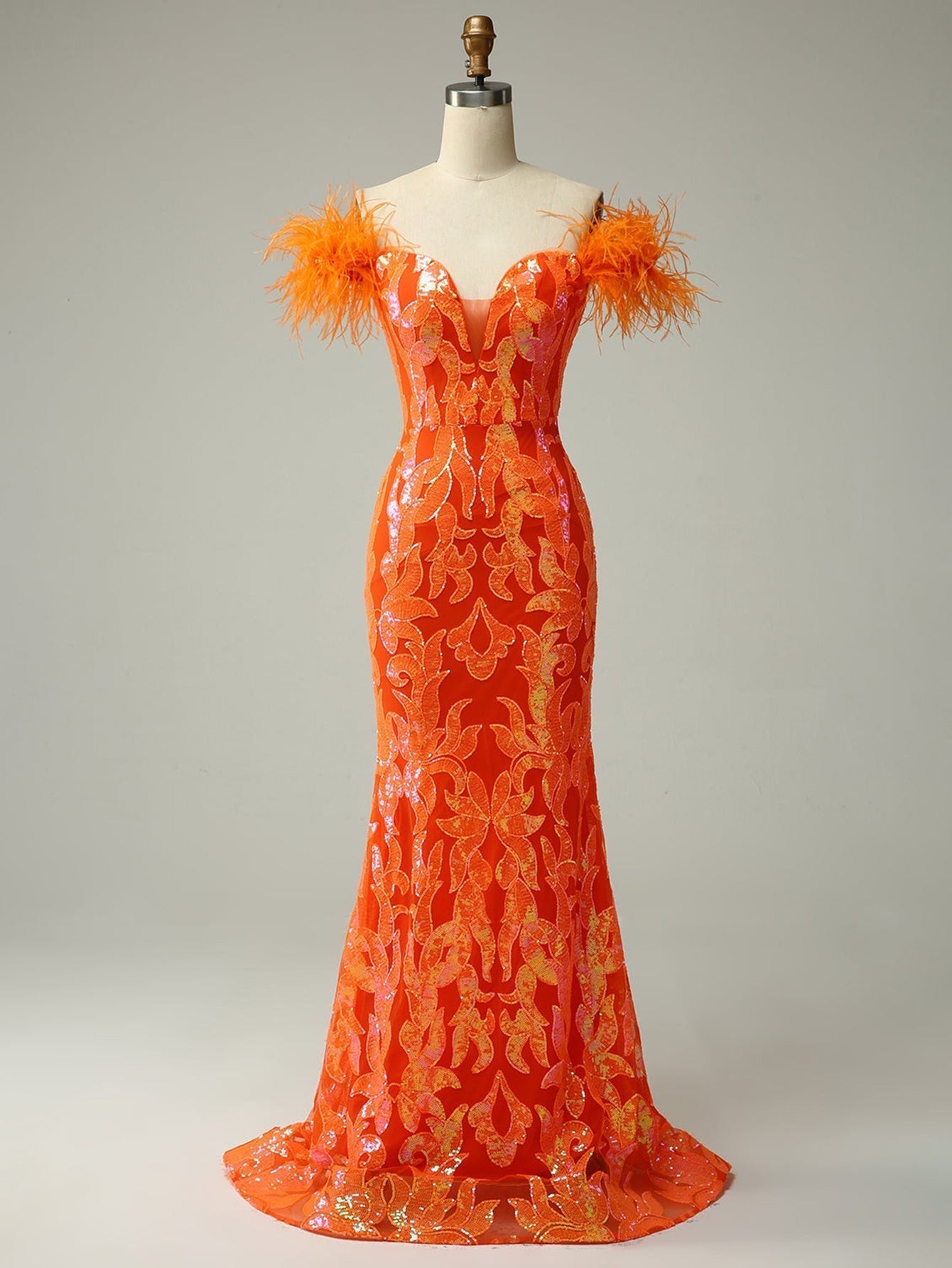 Orange Strapless V Neck Feather Glitter Mermaid Long Prom Dress