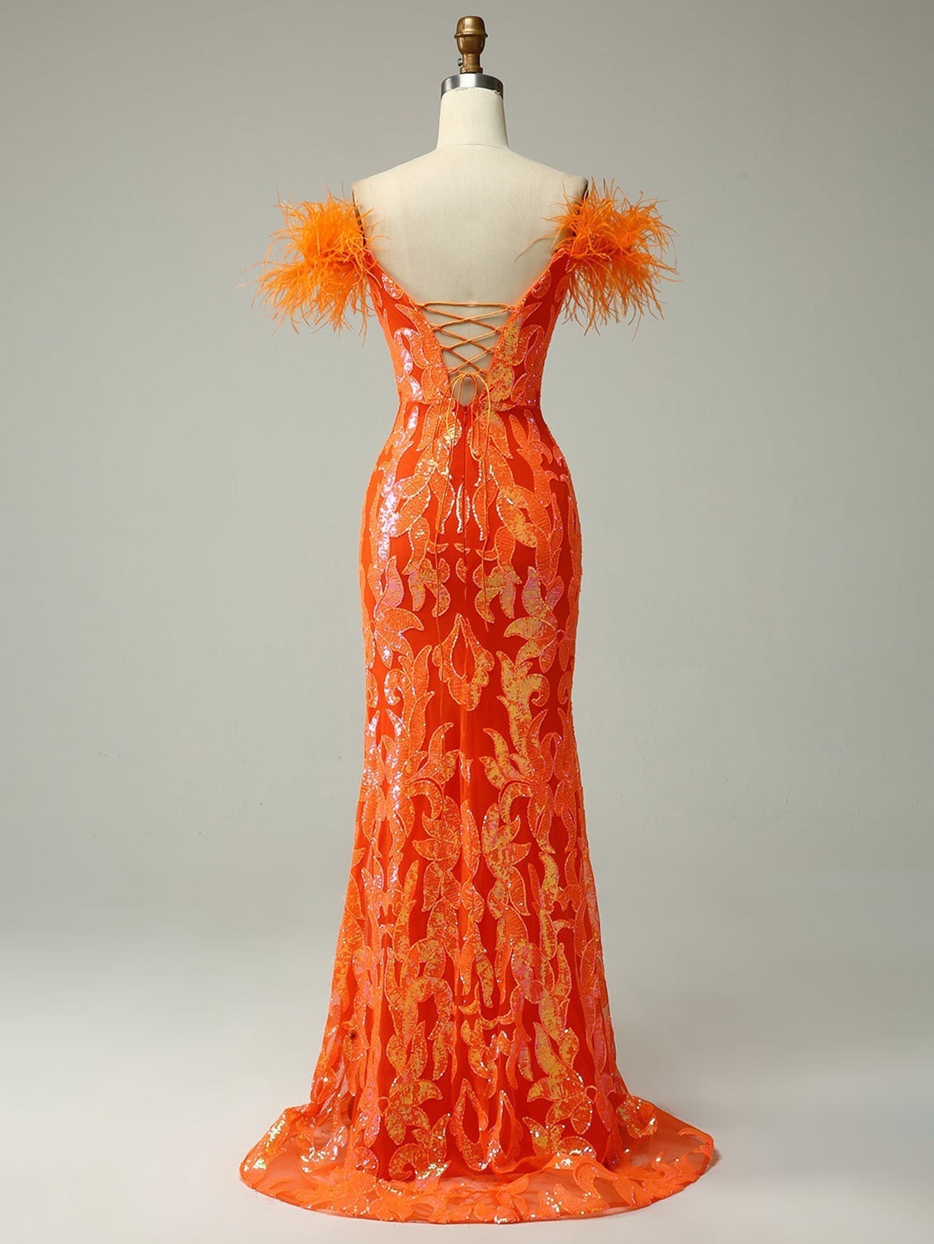 Orange Strapless V Neck Feather Glitter Mermaid Long Prom Dress