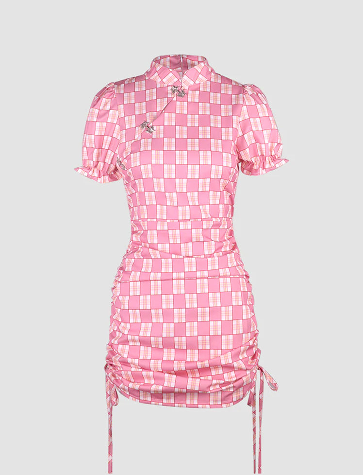Cute Plaid Vintage Summer Party Pink Short Dress