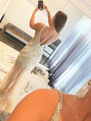 V Neck Stripes Golden Deep Sleeveless Long Prom Dress with Slit