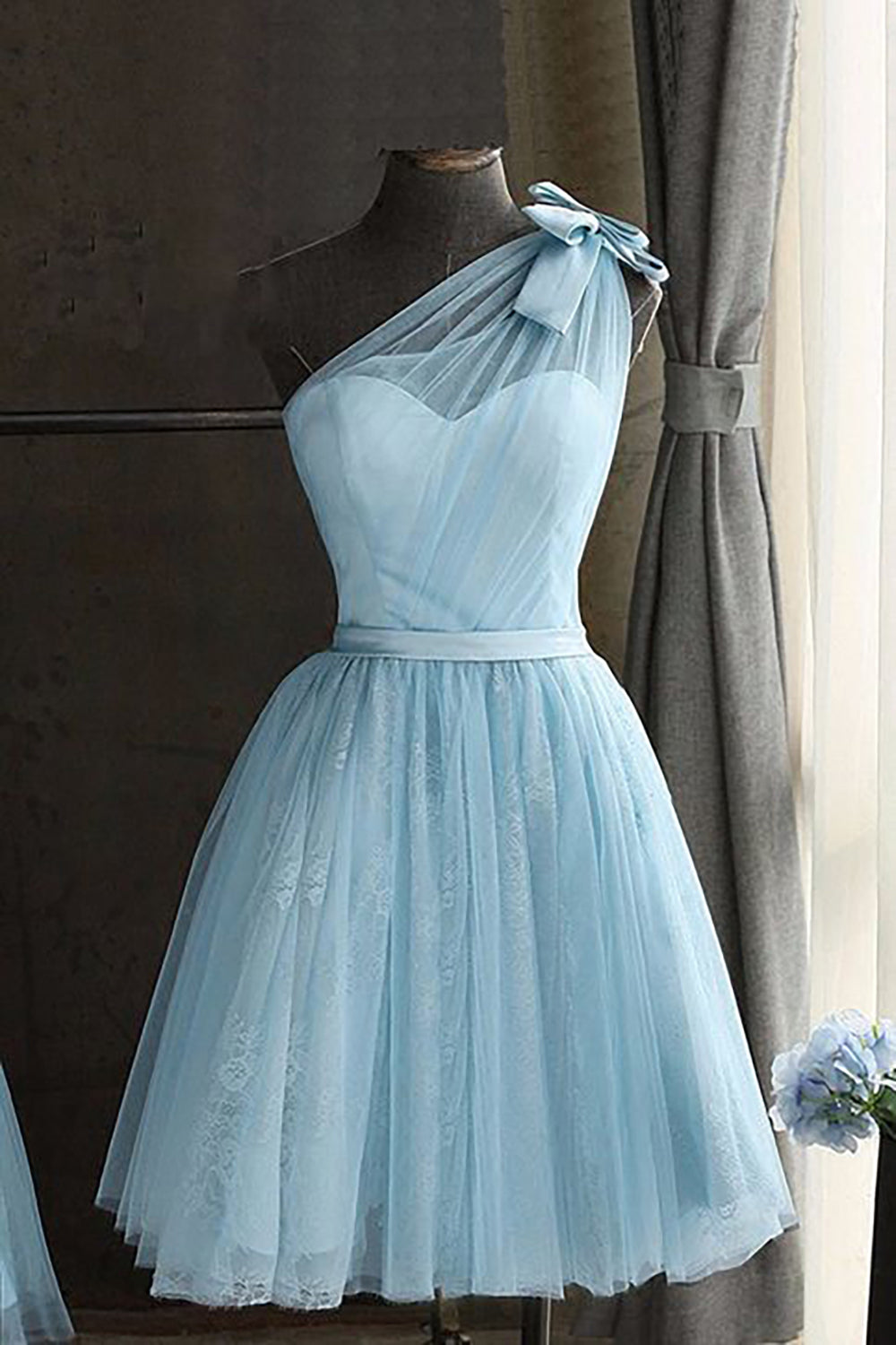 One Shoulder Blue Homecoming Dress With Bowknot
