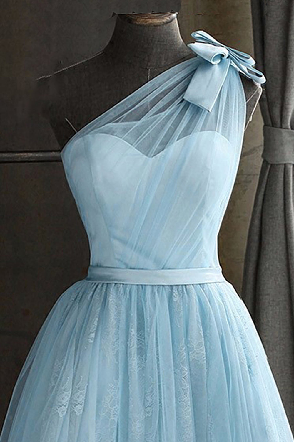 One Shoulder Blue Homecoming Dress With Bowknot