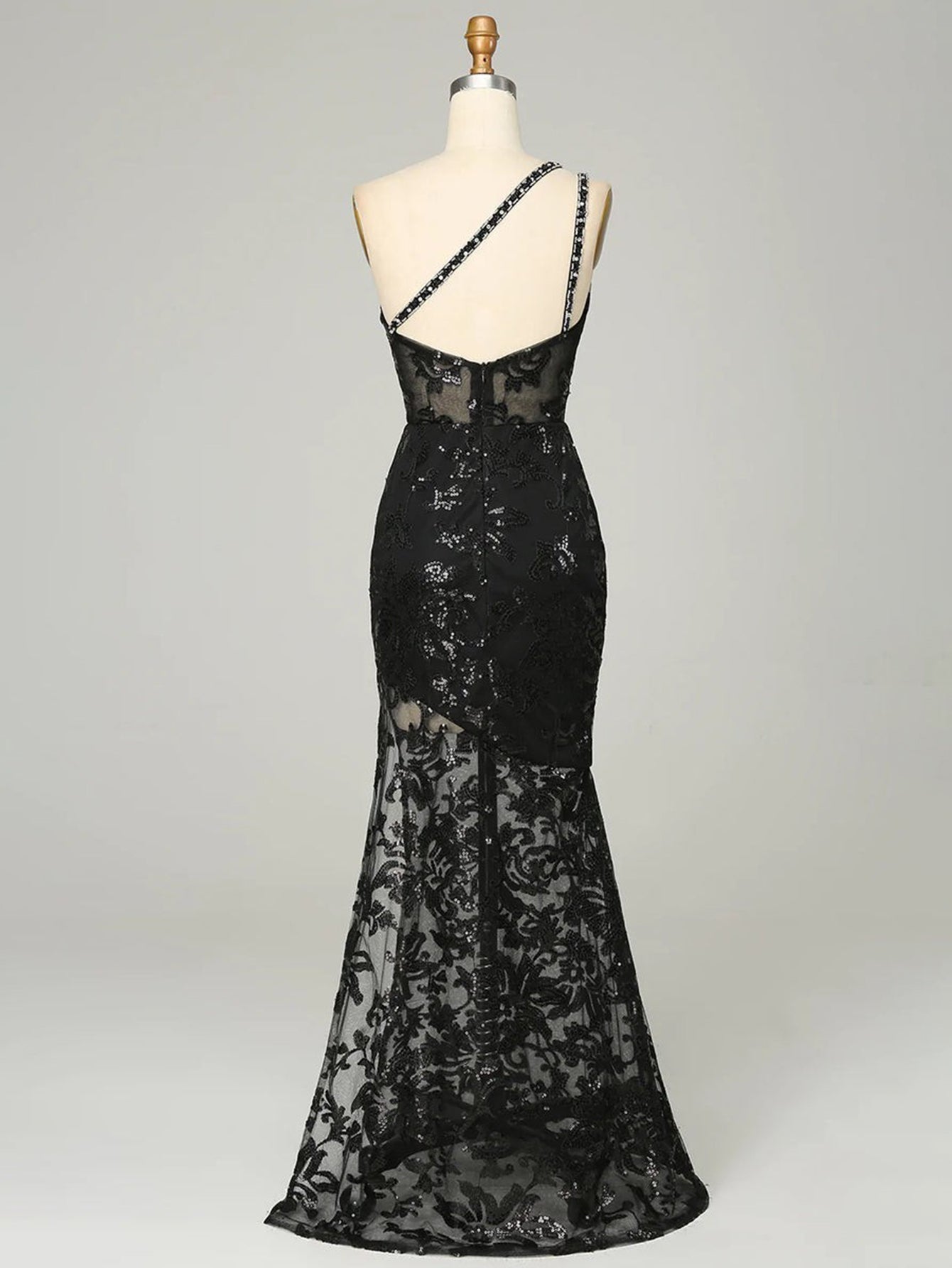 Black One Shoulder Lace Long Prom Dress with Spilt