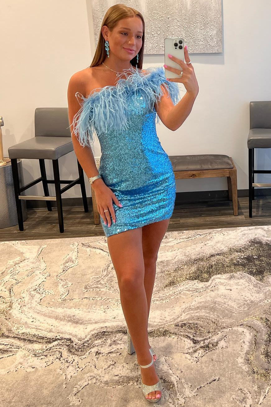 Sheath One Shoulder Light Blue Sequins Homecoming Dress with Feather