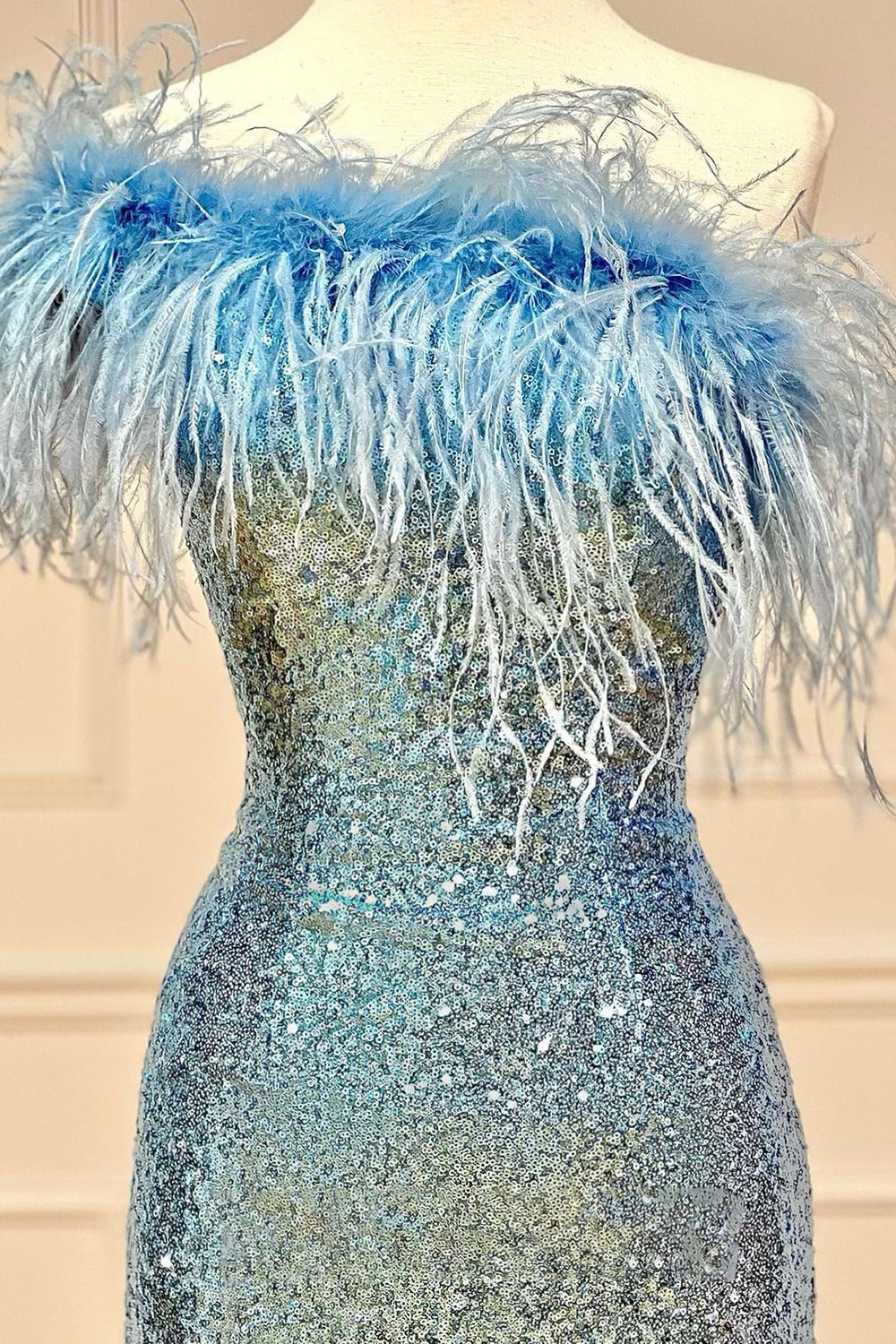 Sheath One Shoulder Light Blue Sequins Homecoming Dress with Feather