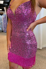 Purple Sequins Tight Homecoming Dress with Fringes