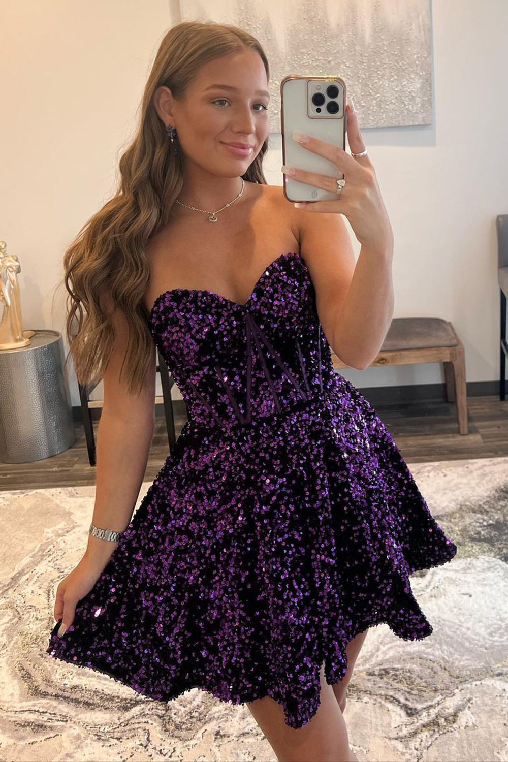 A Line Sweetheart Purple Sequins Short Homecoming Dress