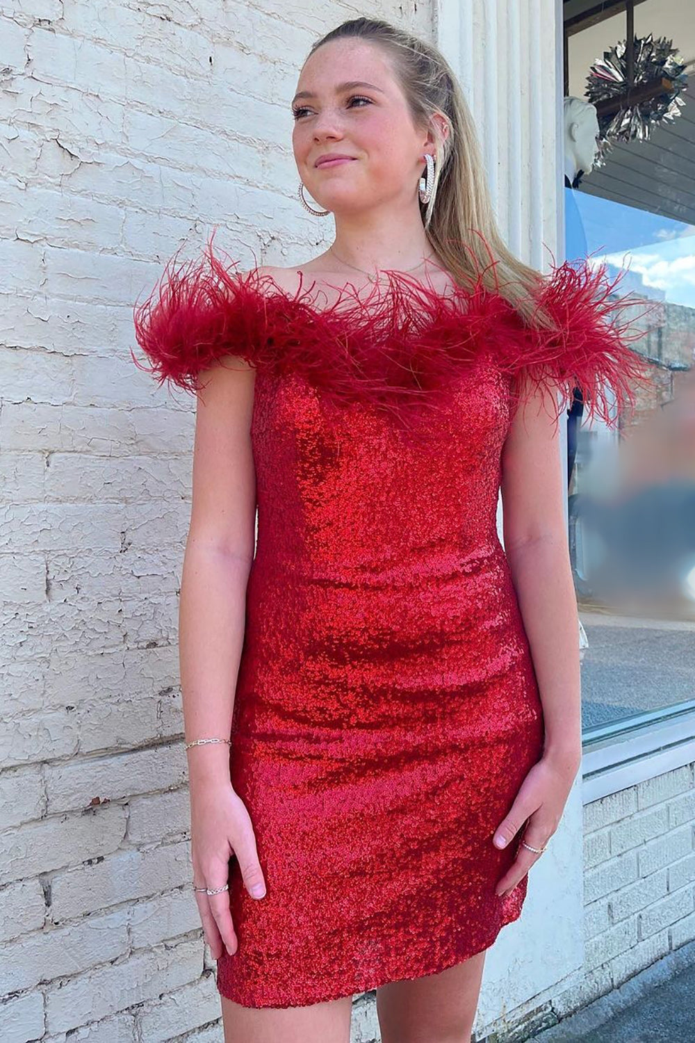 Sparkly Sheath Off the Shoulder Red Short Homecoming Dress with Feather