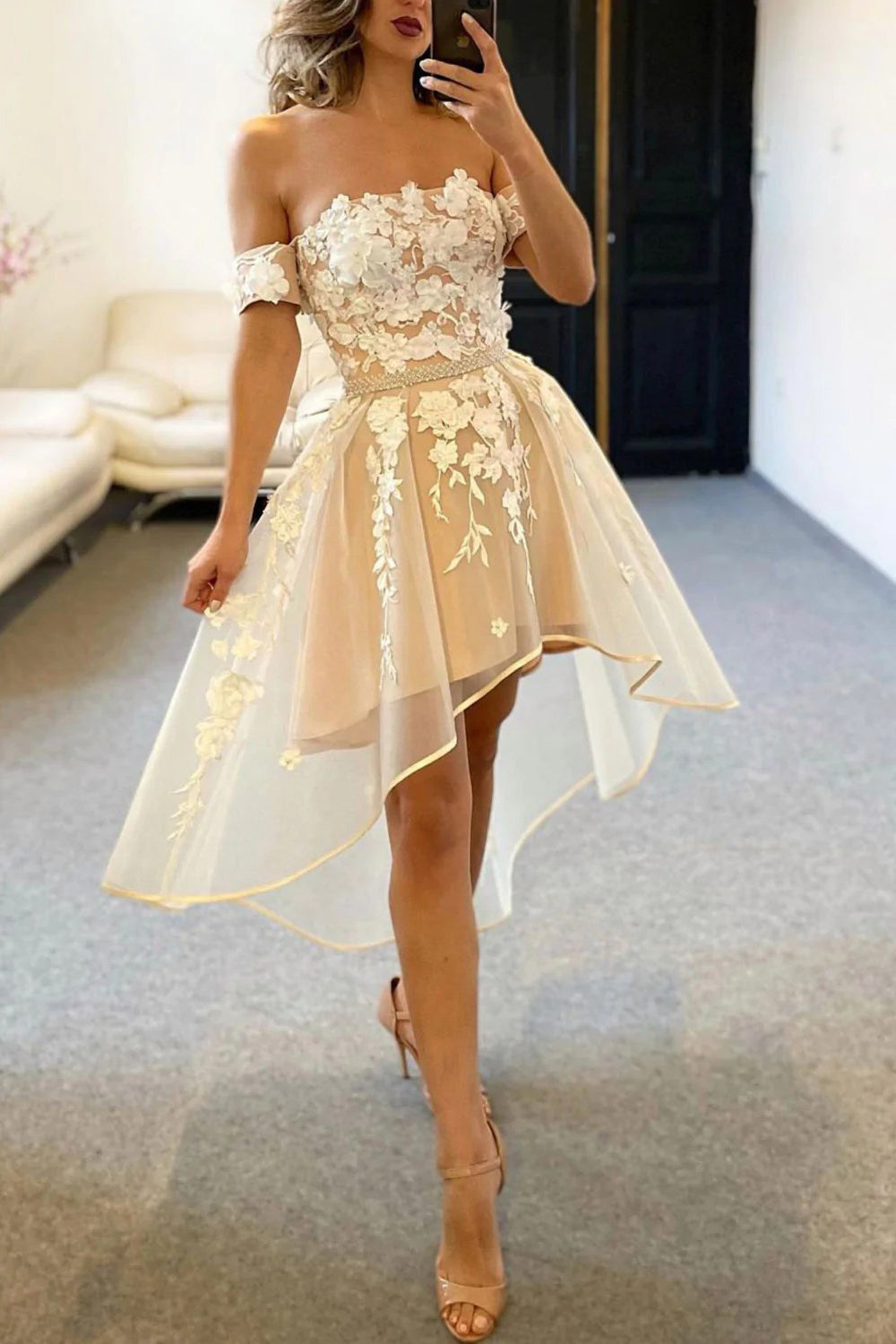 High Low Off the Shoulder Champagne Homecoming Dress with Appliques