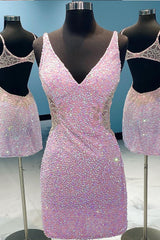 Lilac Sequins Homecoming Dress with Open Back