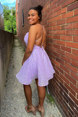 Lilac Sequins Homecoming Dress with Criss Cross Back