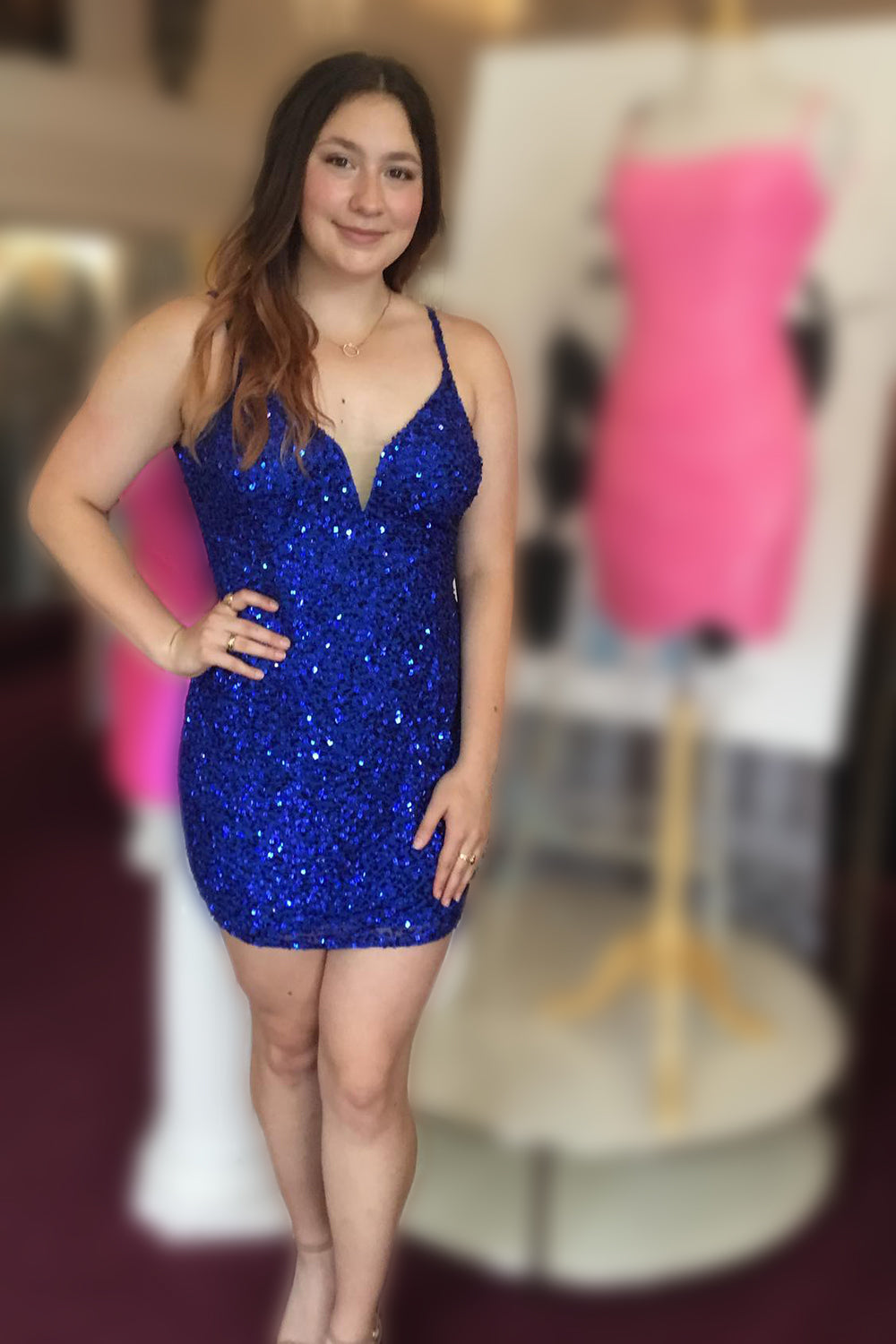 Royal Blue Spaghetti Straps Sequins Homecoming Dress With Criss Cross Back