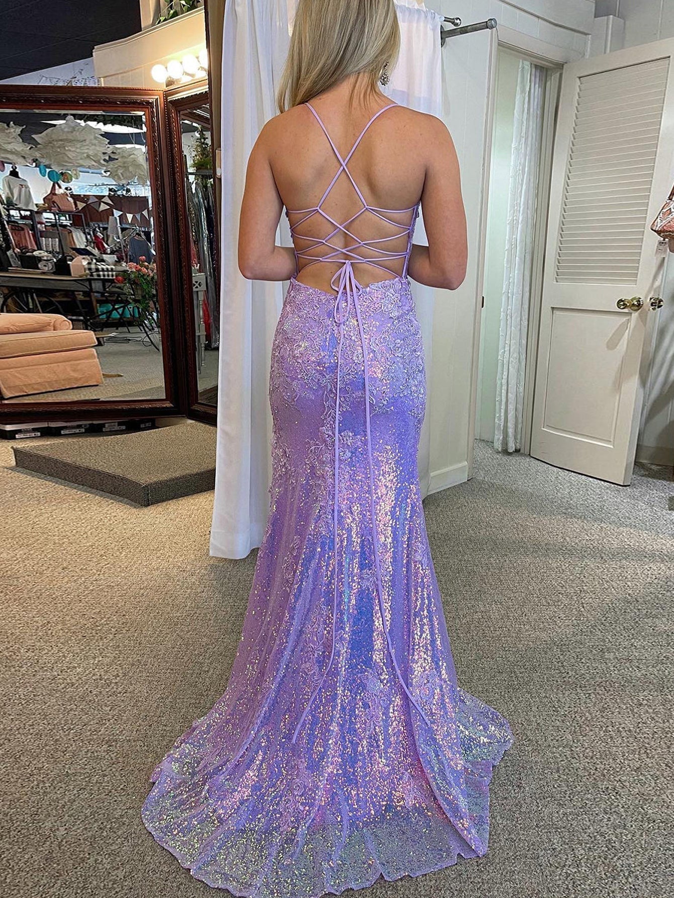 Sparkly Mermaid Lilac Backless Long Prom Dress with Applique